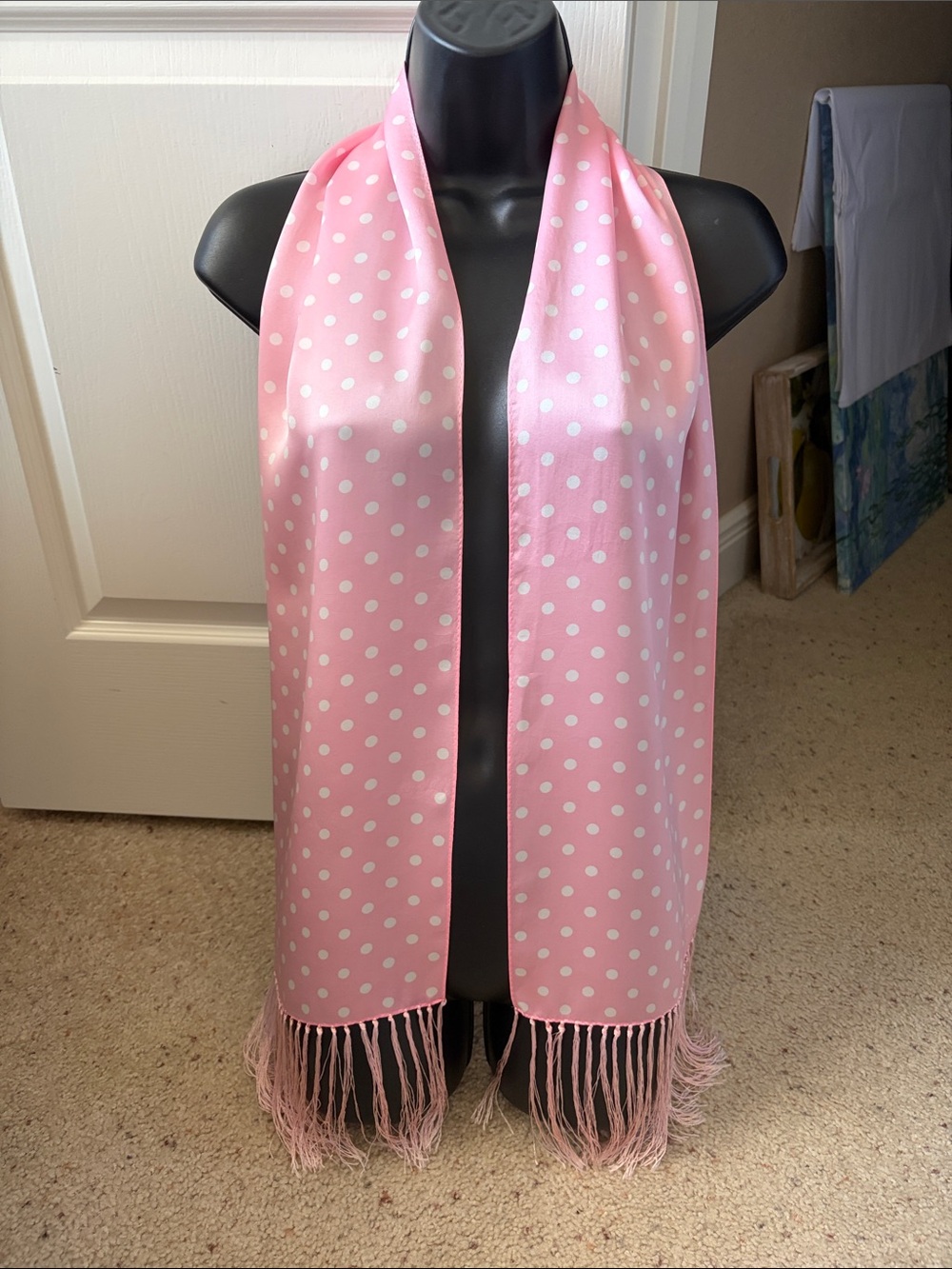 Ralph Lauren Pink Polka Dot 100% silk Fringe Scarf